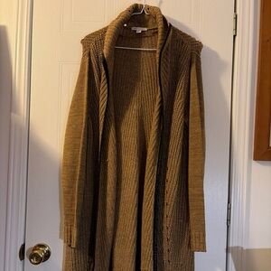 Cato Crochet Knit Cardigan Womens Sz L Brown Open Front Faux Black Leather Trim